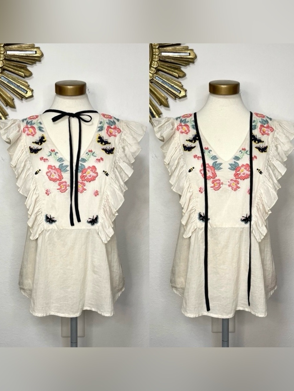 St. Roche Embroidered Floral Ruffle Sleeveless Top